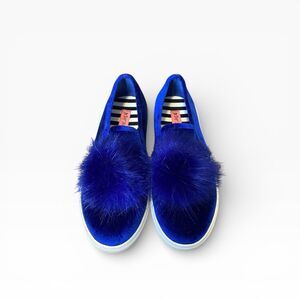 Betsey Johnson Shoes Womens 7 B Zapp Slip-On Puff Sneakers Blue Pom Pom Casual